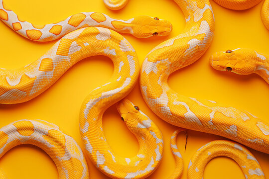 Yellow snake on a yellow background, top view. Python reticulatus. Reptile and wildlife concept. Generative AI