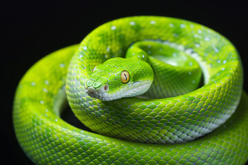 Fototapeta premium Close-up of a green pit viper snake on a black background. Generative AI
