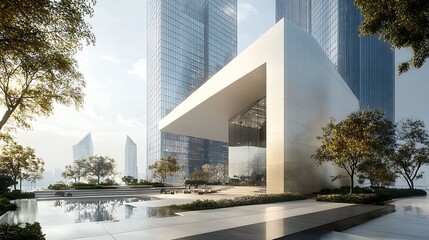 A high-rise plaza with a minimalist, geometric design, expansive glass panels, and a rooftop garden that offers stunning views of the city