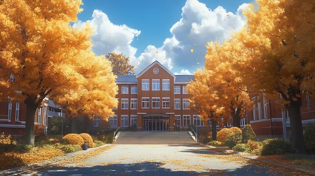 A serene autumn scene featuring a school building surrounded by vibrant orange trees.