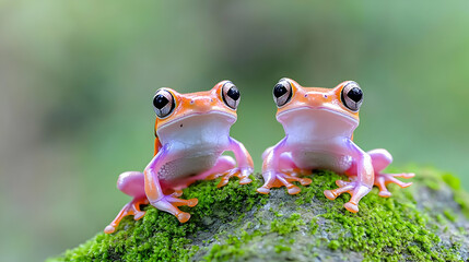 Two orange frogs on moss, rainforest background, nature photography