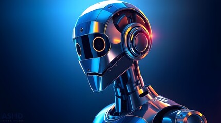 robot with headphones sitting on blue surface, blue themed chatbot application enhances user experience