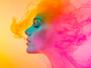 A macro photo of a Caucasian model with a blurred smoke effect with a blurred background, a feeling of lightness and airiness, multicolored lighting