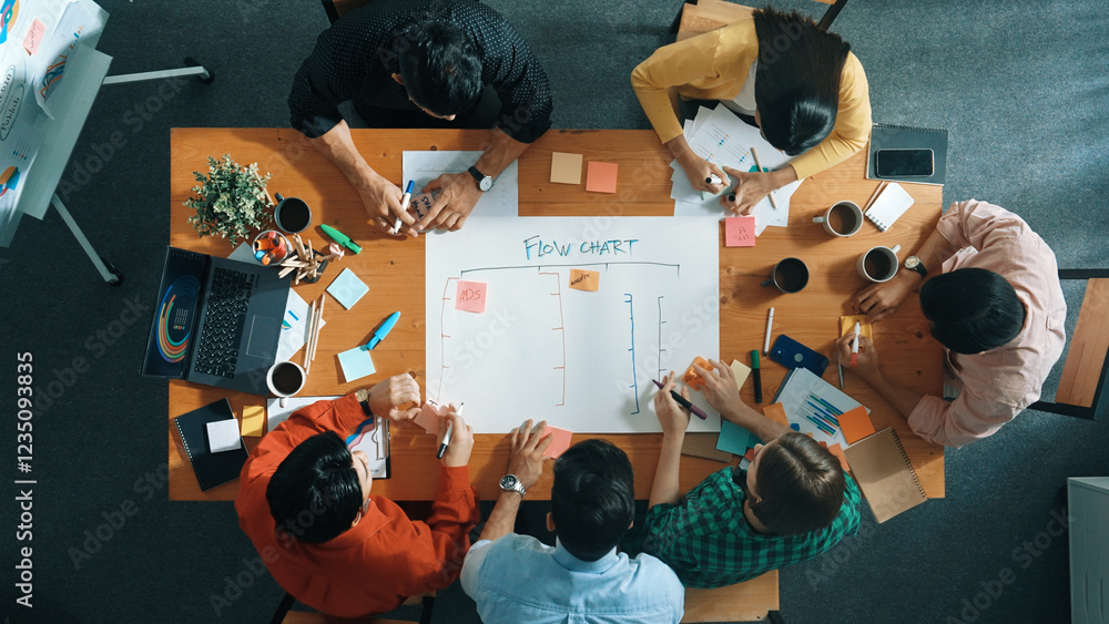 Aufkleber top down aerial view of business team making scrum task board at meeting room. group of people writi