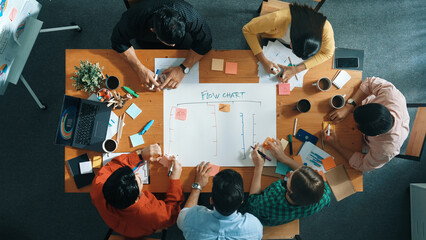 Top down aerial view of business team making scrum task board at meeting room. Group of people writing at paper and sticky notes for making kanban board to manage work flow. Top view. Convocation.
