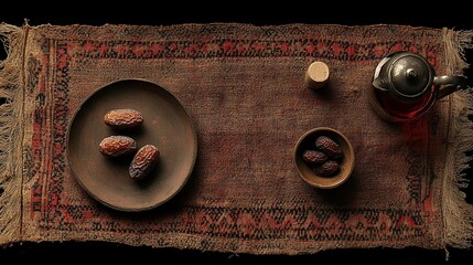 Dates, tea, and cork on vintage rug.