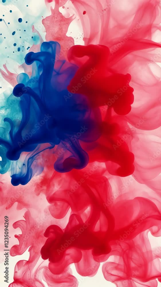 Poster colorful ink swirls blend red and blue hues in an abstract display creating dynamic patterns on a wh