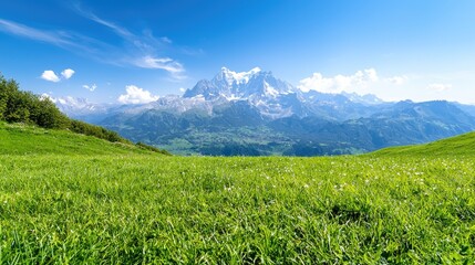 Fototapeta premium Lush green alpine meadow under a clear blue sky with majestic snow-capped mountains in the background.