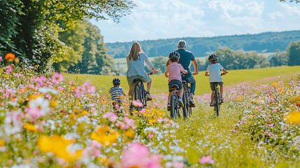 Happy family bike ride through vibrant wildflowers.  Perfect for travel, family, and active lifestyle concepts.  Enjoy the idyllic summer scenery and capture carefree moments.