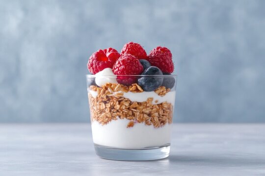 close-up of vibrant fruit parfait layered with yogurt granola and fresh summer berries