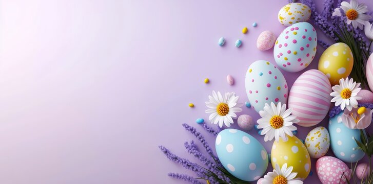 Pastel-colored Easter eggs with polka dots and stripes are arranged with daisies and lavender on a soft pink background with copy space. Spring and Easter celebration concept. - Powered by Adobe