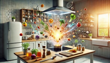 A conceptual illustration of cooking showcasing a modern kitchen with vibrant ingredients.