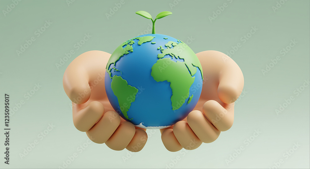 Poster globe in hands with plant growing on top. earth globe held by hands. 3d render of globe with hands