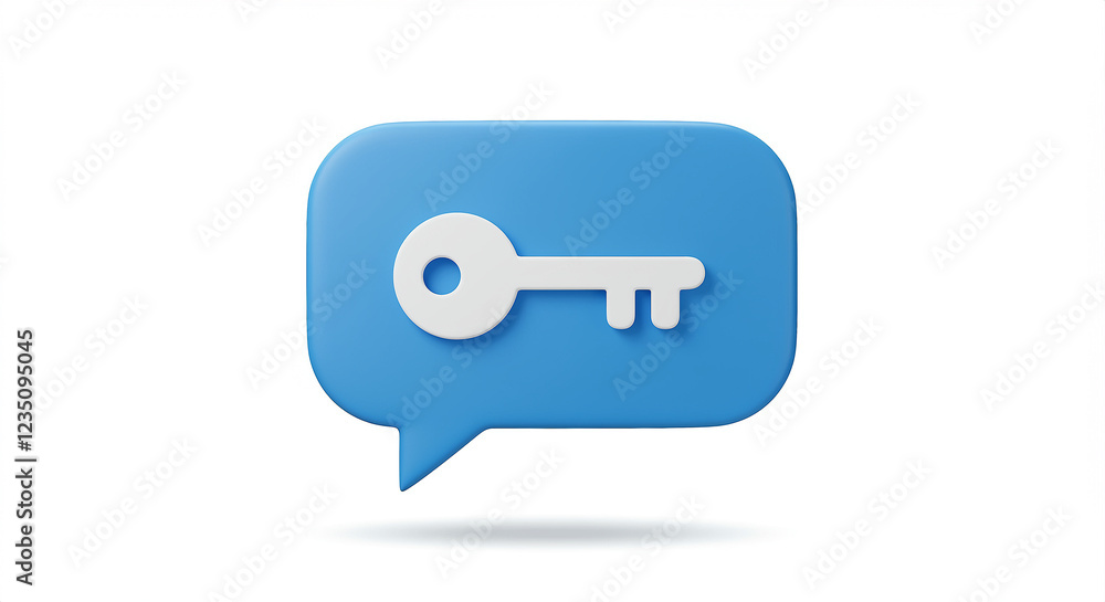 Poster key symbol in a speech bubble. key icon inside blue speech bubble. technology symbol with a key in a