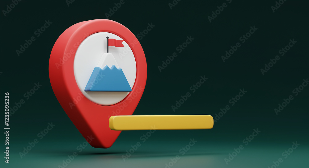 Poster red location marker with mountain and flag icon. yellow horizontal bar below location marker