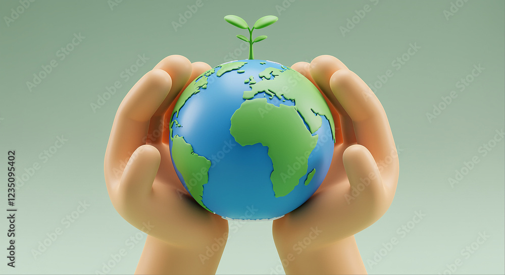 Aufkleber globe held in hands with plant growing on top. 3d render of globe in hands with small plant. eco-fri