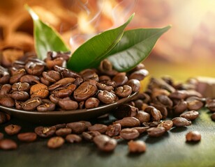Fototapeta premium una mezcla de granos de cafe tostados con hojas de té e infusión