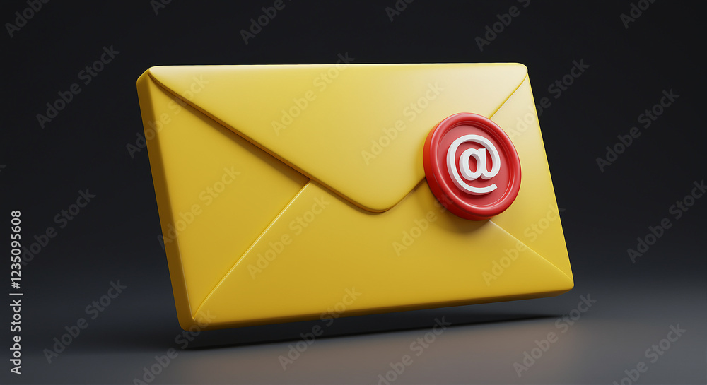 Aufkleber email envelope with at sign. yellow email envelope with red at sign. email envelope on dark backgrou