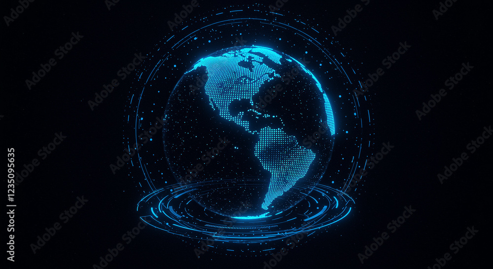 Poster digital globe 3d technology on dark background. futuristic digital globe with glowing lines and dots