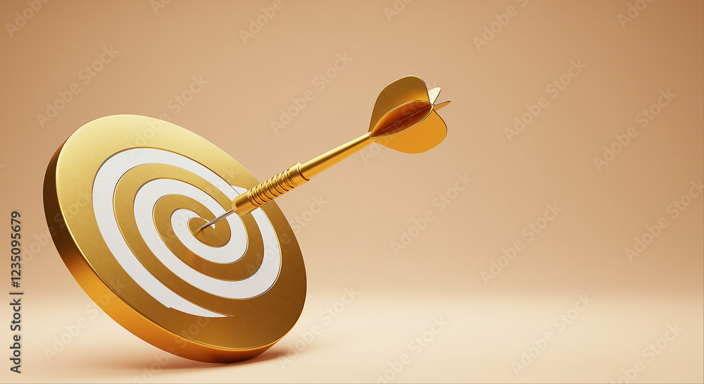Poster gold dartboard with gold dart hitting the center. gold dartboard and dart on a beige background