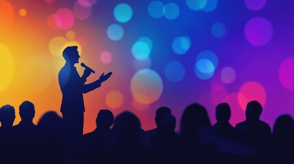 A silhouette of a person holding a microphone against a colorful and vibrant background with blurred circles of light, conveying the concept of public speaking.