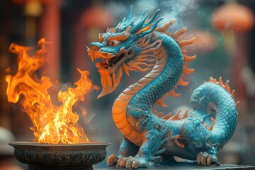 Fototapeta premium A vibrant blue dragon sculpture beside a fire bowl in a cultural setting.