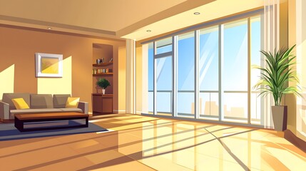 Modern living room with large windows and sleek furniture.