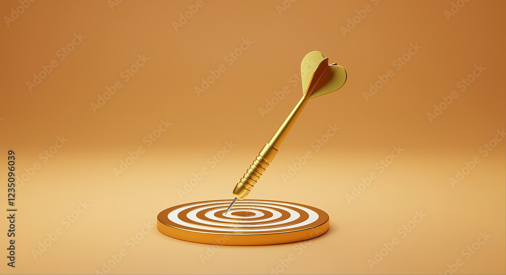 Poster gold dart hitting target center. golden dart on target. dart in bullseye