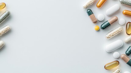 detailed macro view of colorful supplement capsules and tablets scattered on clean white table