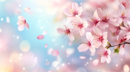 Cherry blossoms in full bloom scatter gracefully through the air, creating an enchanting scene that captures a moment of pure elegance and nature's artistry.