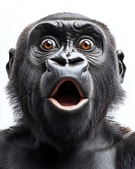 Shocked gorilla with wide-open mouth and expressive eyes in a dramatic portrait.