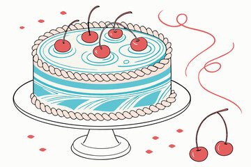 Pastel birthday cake, blue swirl frosting, red maraschino cherries, pink piped border, white cake stand, professional food photography, high detail, soft lighting, delicious dessert, bakery showcase, 