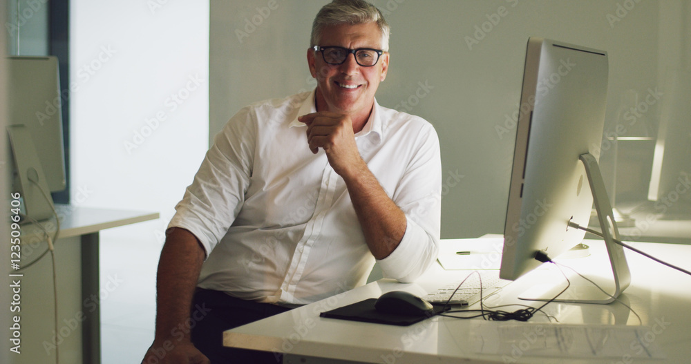 Poster mature man, portrait and designer with smile on computer for web design, digital marketing or develo