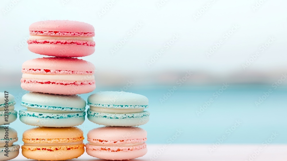 Poster detailed view of colorful macaron stack with each piece in different vibrant pastel shade