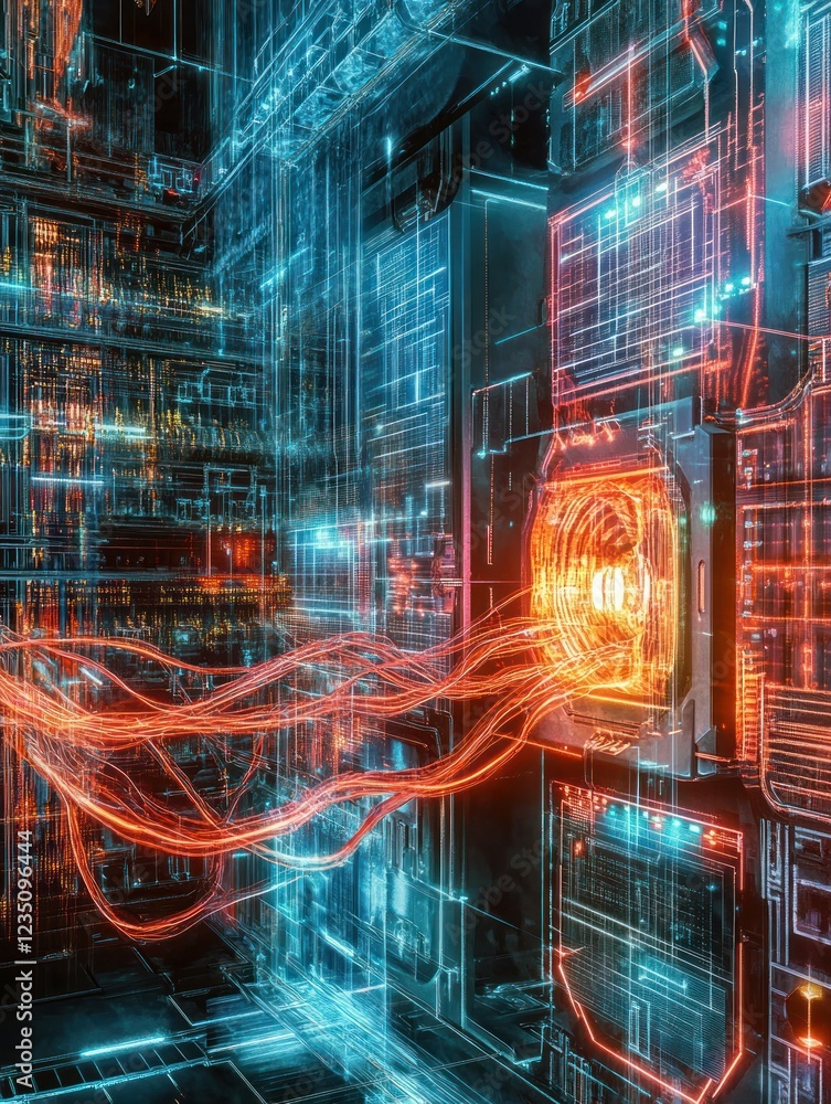 Poster abstract digital cityscape: neon circuits and data streams