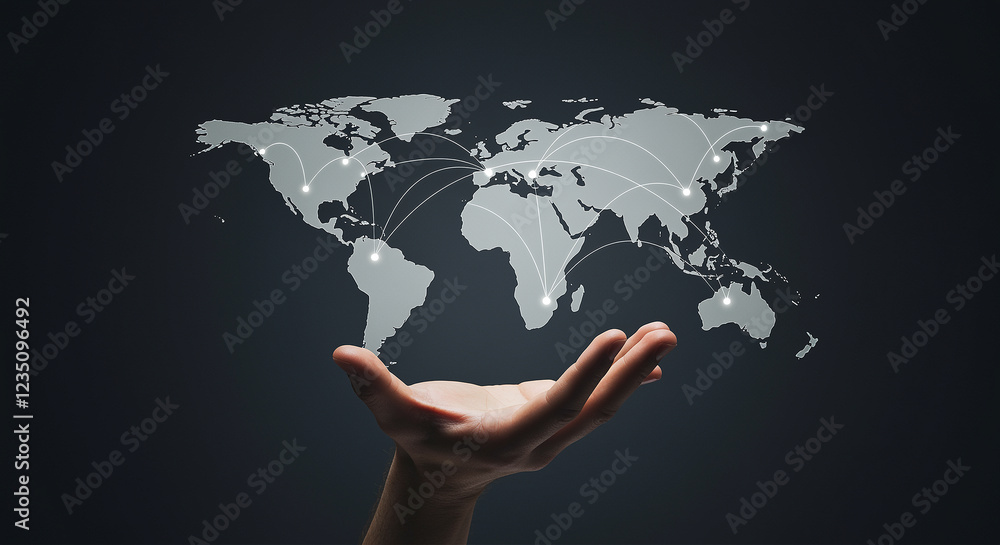 Poster hand holding world map with global network connections. world map with network connections in hand