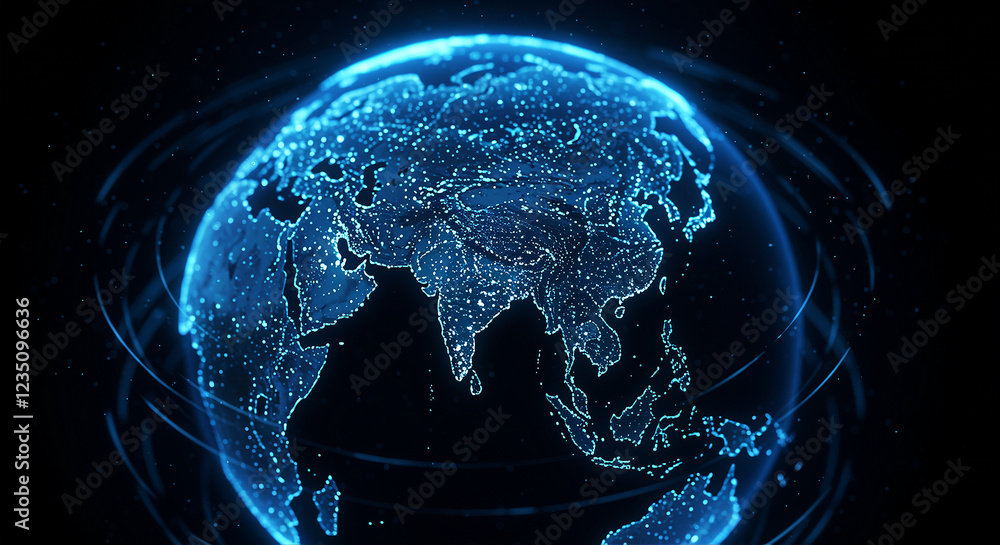 Poster Digital globe showing world map with glowing lights. Digital globe of the world with a network of connections. Digital world map with glowing dots