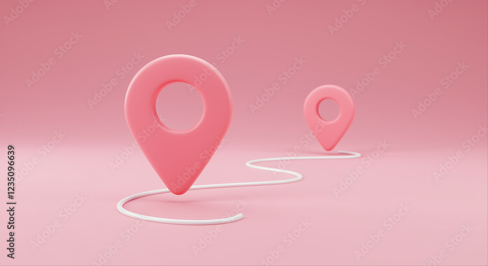 Poster pink location pin and location marker on pink background. map pin with white line path