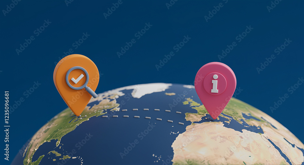 Poster globe with location markers and information icon. location markers on the globe with search icon and