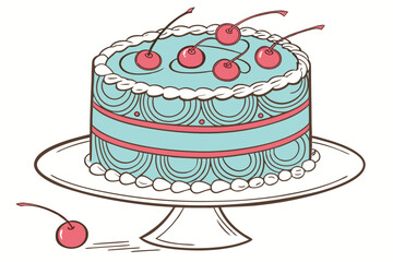 Pastel birthday cake, blue swirl frosting, red maraschino cherries, pink piped border, white cake stand, professional food photography, high detail, soft lighting, delicious dessert, bakery showcase, 