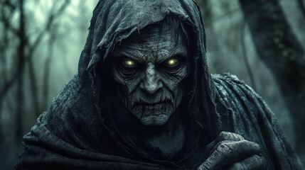 Angel of Death as the Hermit, wearing hooded figure cloaked tattered robe, with eerie glowing eyes, haunting atmosphere