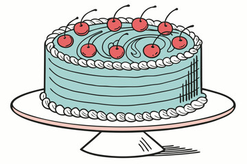 Pastel birthday cake, blue swirl frosting, red maraschino cherries, pink piped border, white cake stand, professional food photography, high detail, soft lighting, delicious dessert, bakery showcase, 