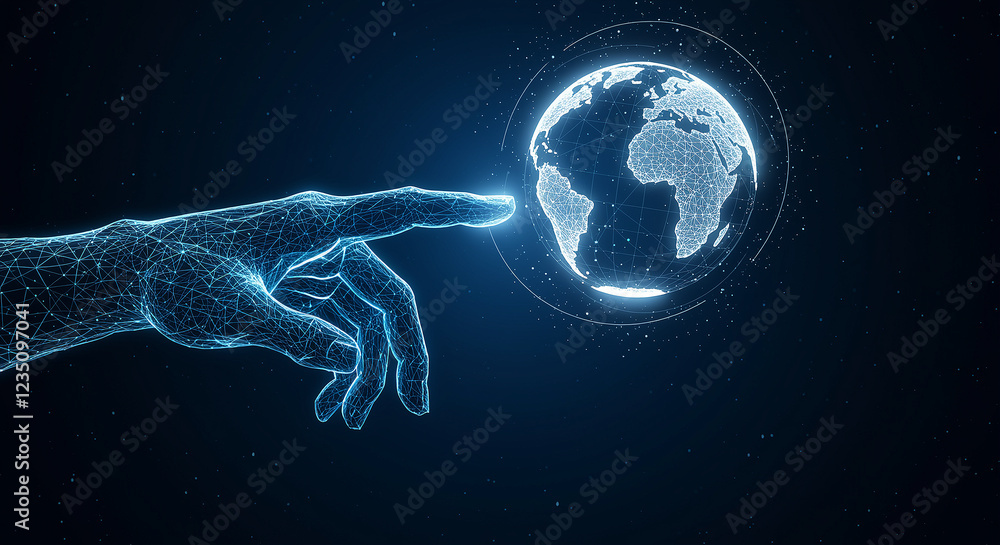 Aufkleber digital hand reaching for digital globe. digital technology concept with hand and globe. futuristic 