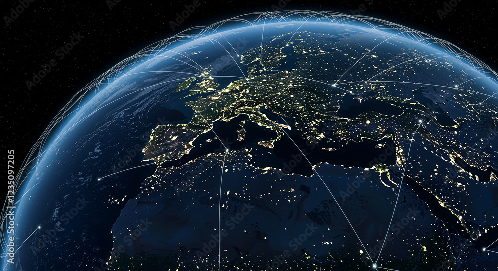Poster earth with network connections showing global connectivity and data network. global network connecti