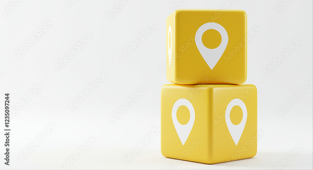 Poster location markers on yellow tech cubes. location marker icons on yellow cubes stacked on top of each 