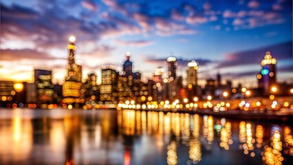 Naklejka premium Blurry city skyline at sunset with reflections on water, vibrant colors, cityscape concept