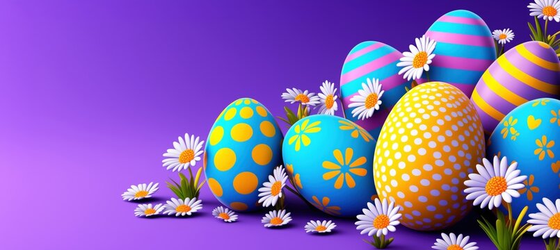 A 3D-rendered Easter scene with colorful patterned eggs and white daisies on a vibrant purple background. Spring holiday and festive decoration concept. Copy space available.