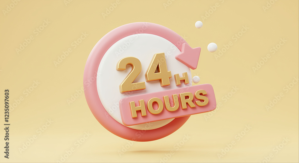 Poster timer graphic with 24 hours text and time indicator. 24 hours sign with arrow and hours text on pink