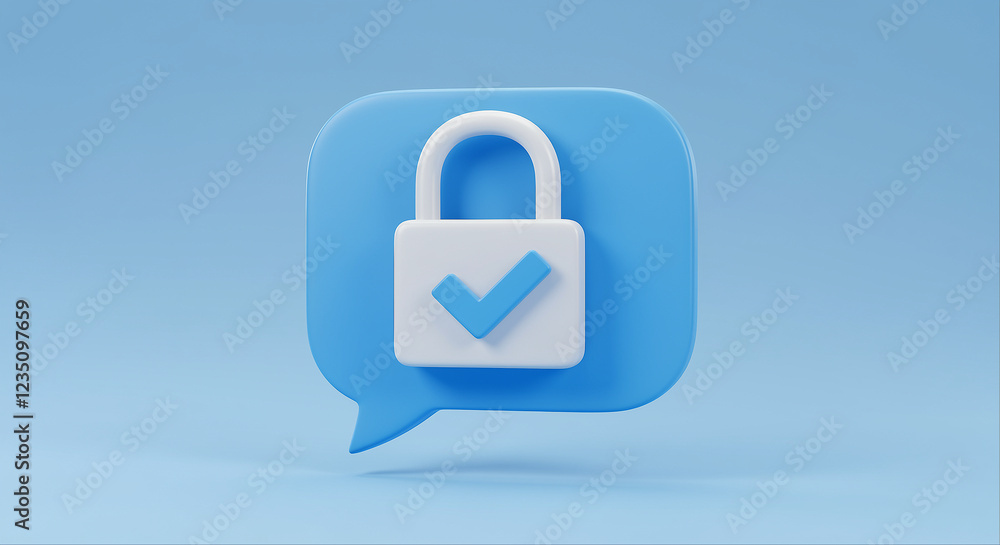 Poster padlock with checkmark on blue speech bubble. secure communication with data protection concept. 3d 