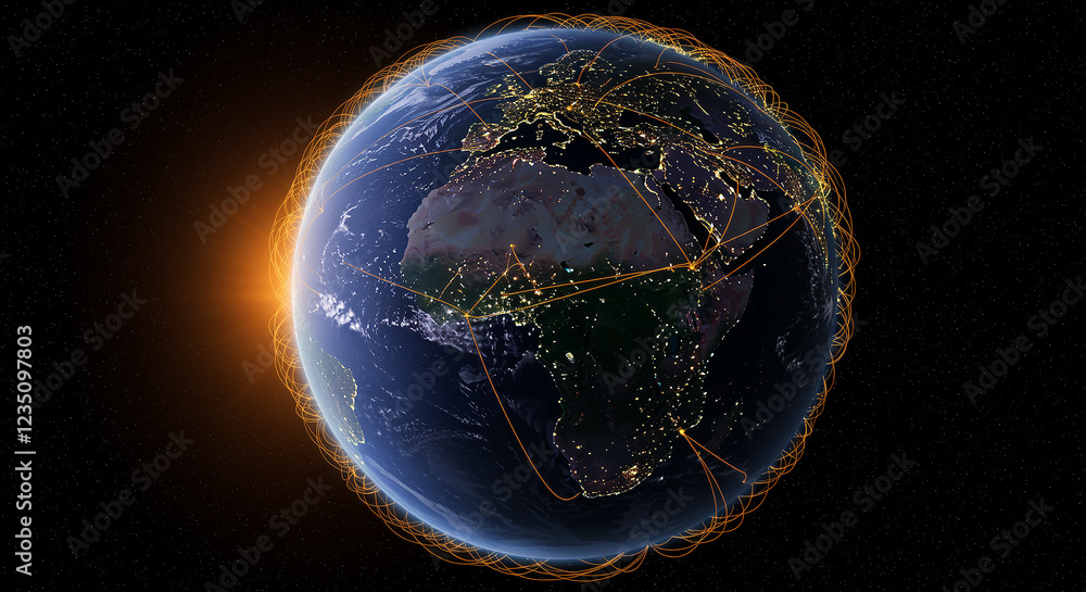 Poster earth global network view with orange connections. earth view with global network and orange connect